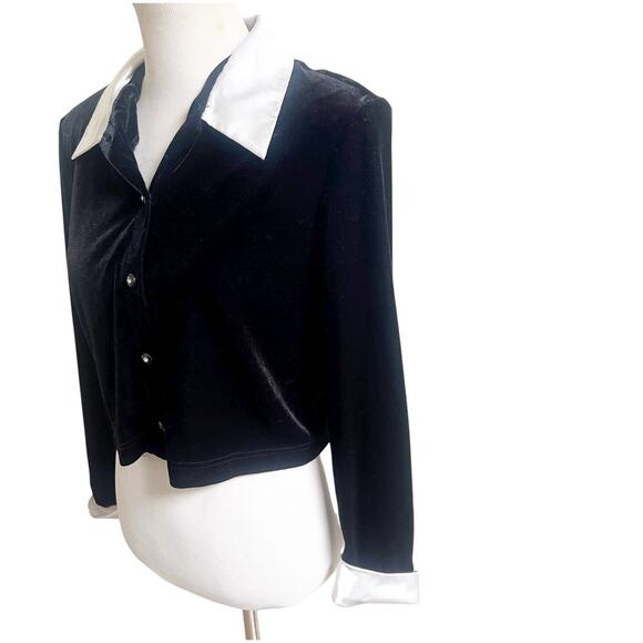 Ronni Nicole By Ouida Vintage Velvet Croppped Button Blouse Satin Collar & Cuffs - Picture 2 of 9